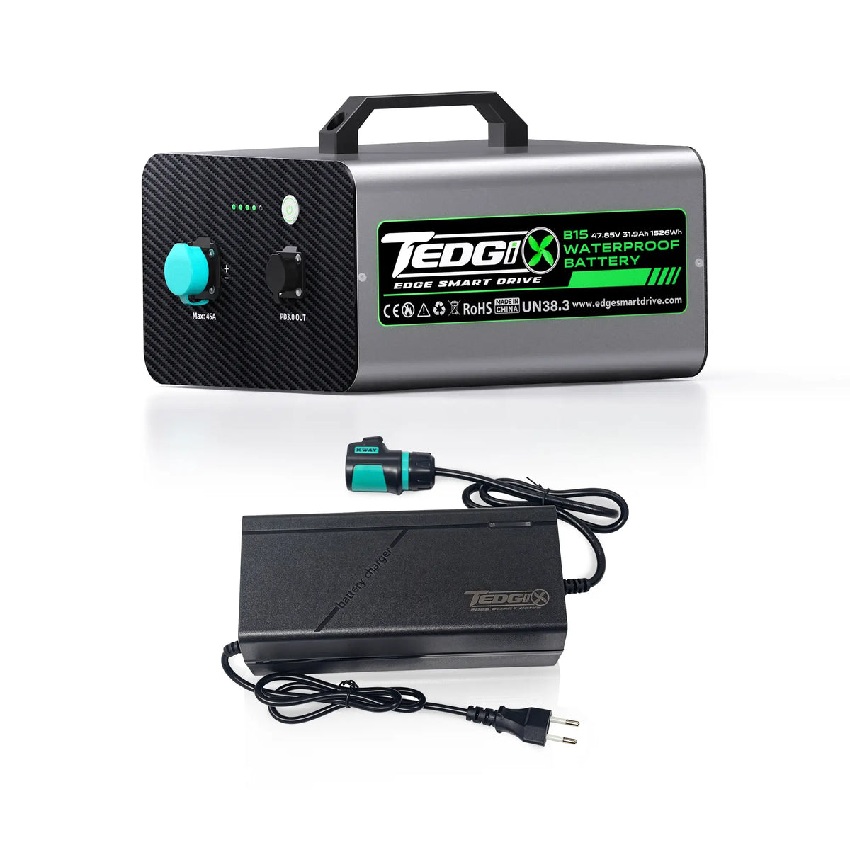 B15 Waterproof Battery (1526Wh, 48v, 31.9Ah) with 819watt Charger